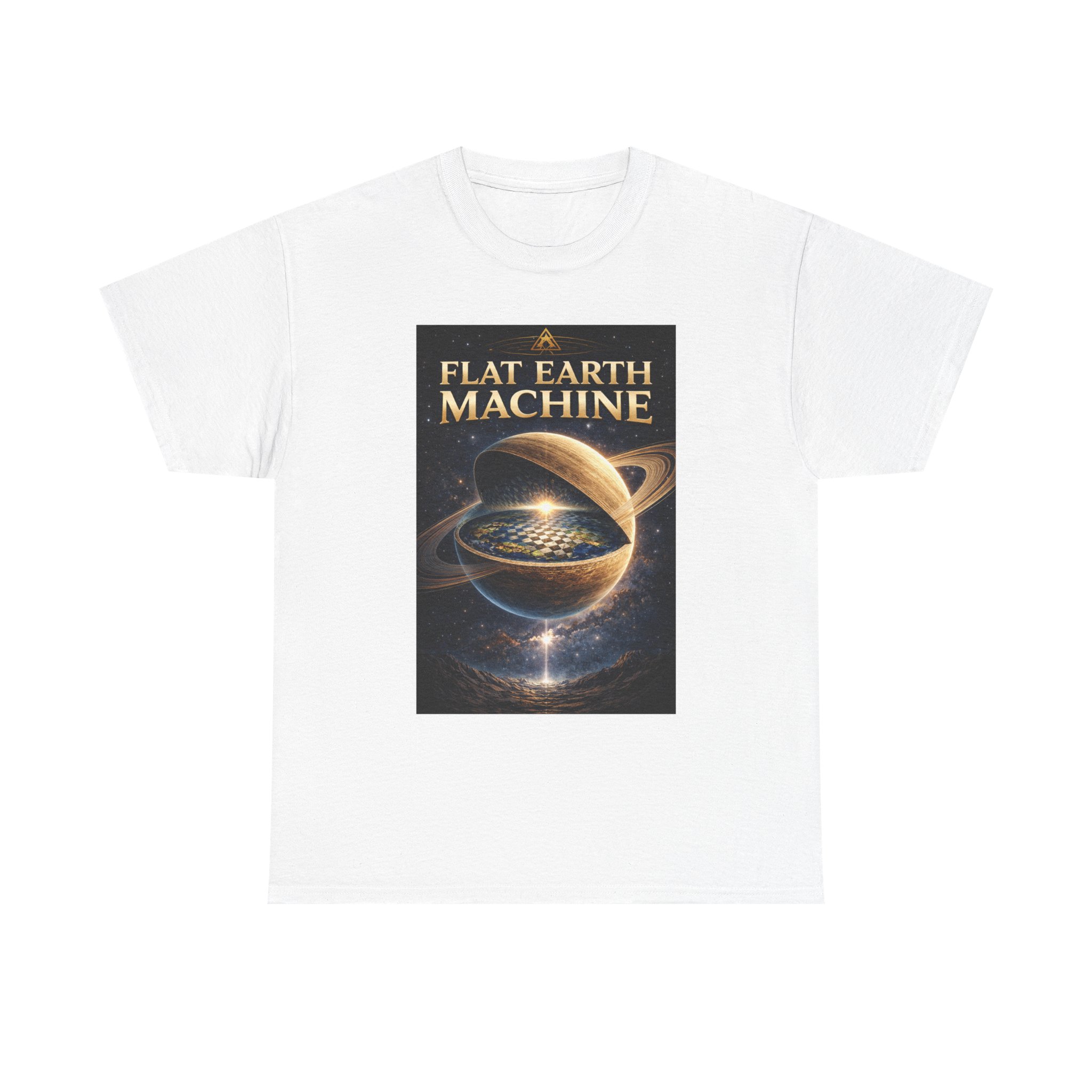 Flat Earth Machine Tee — Retro Cosmic Flat-Earth Graphic T-Shirt
