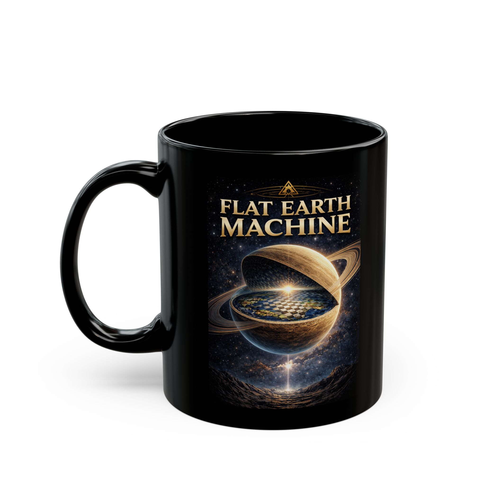 Flat Earth Machine Black Mug – enjoy the fictional journey Coffee Cup (11oz & 15oz) - Image 3