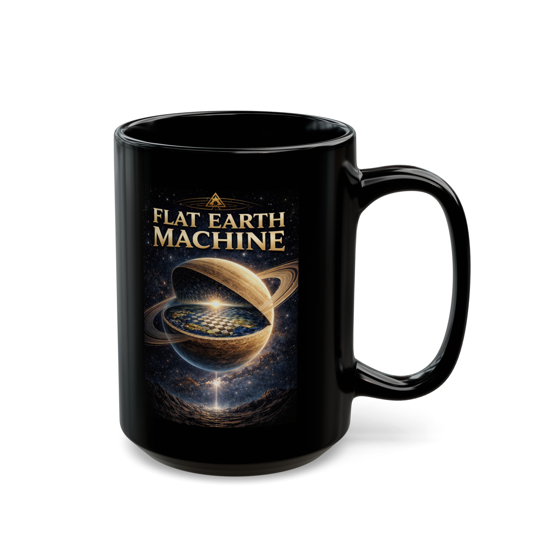 Flat Earth Machine Black Mug – enjoy the fictional journey Coffee Cup (11oz & 15oz) - Image 6
